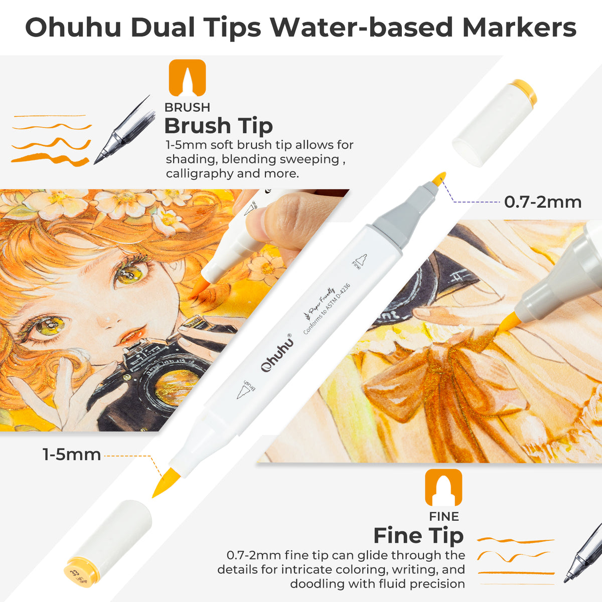 Ohuhu Paper-friendly (No Peeling) Markers Water-based 60 Colors | Ohuhu Signature