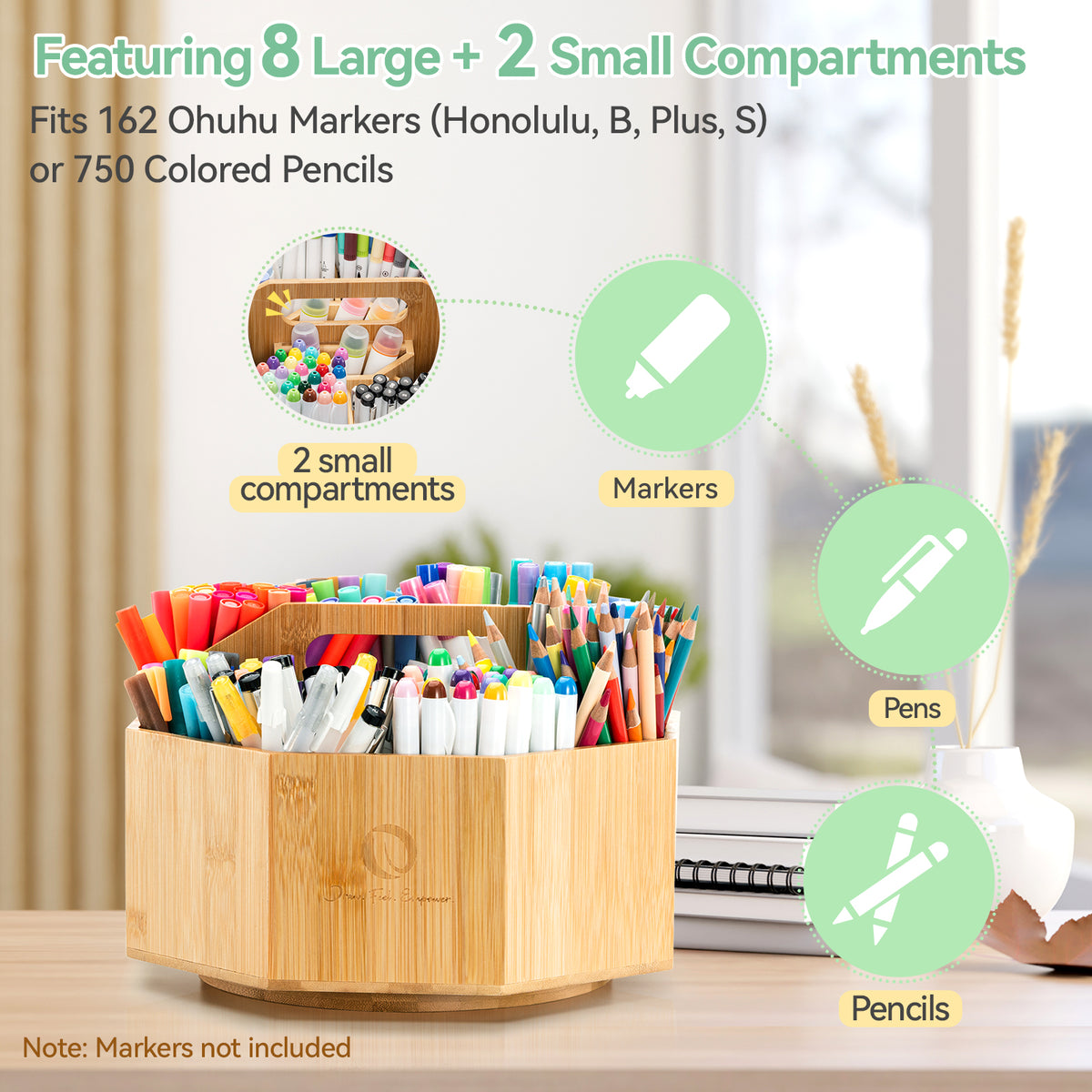 Ohuhu 360° Bamboo Rotating Marker Organizer | Ohuhu New