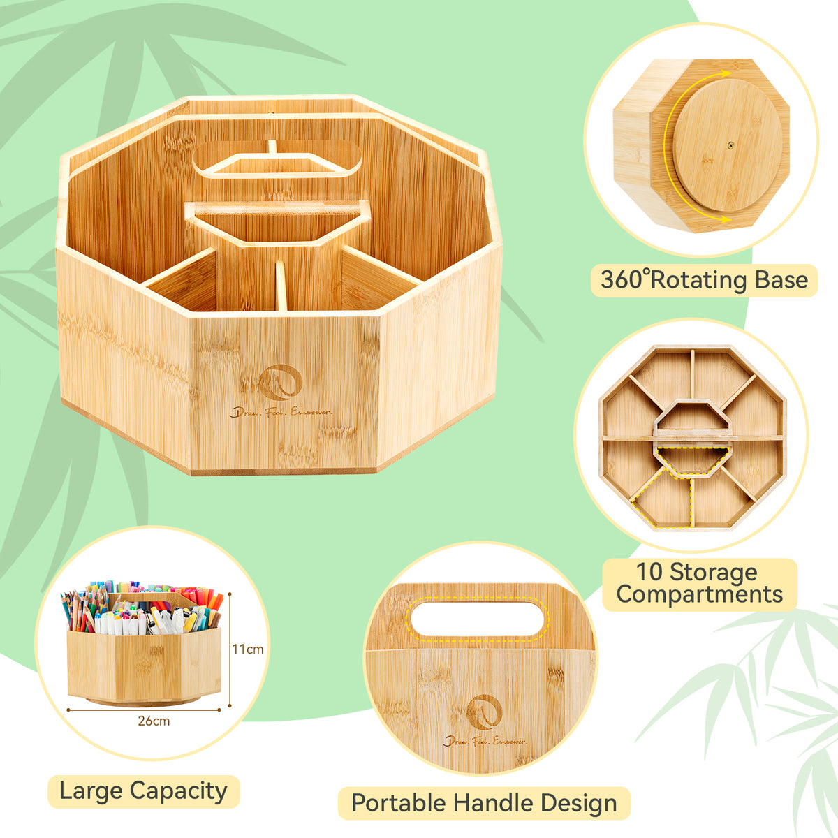 Ohuhu 360° Bamboo Rotating Marker Organizer | Ohuhu New