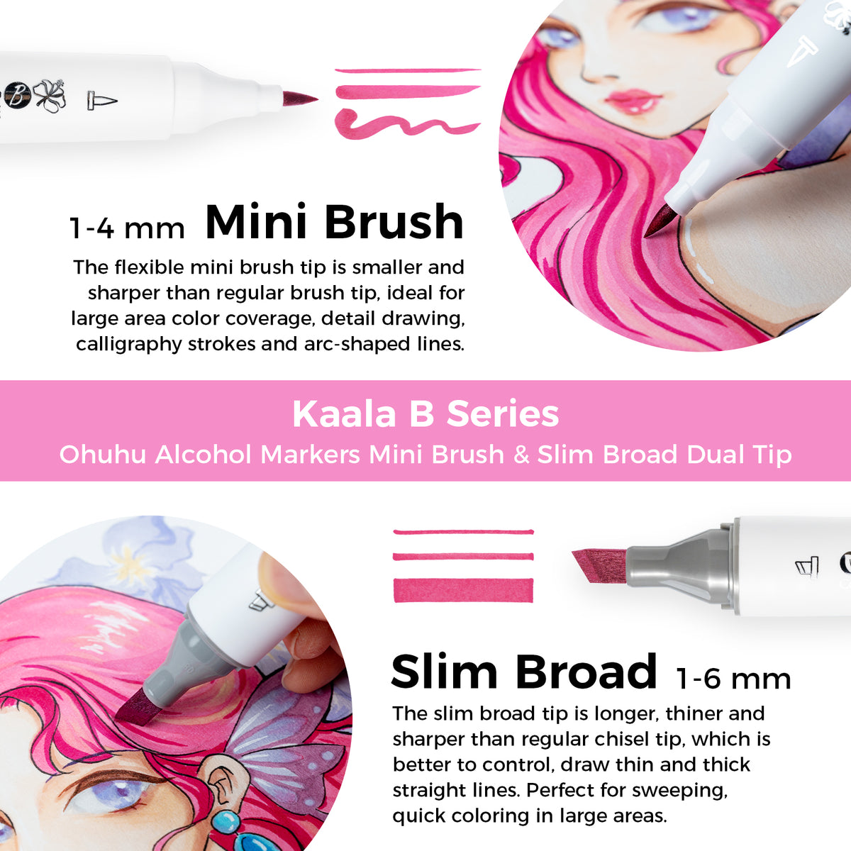 Ohuhu Kaala B Dual Tips Alcohol Art Markers, Slim Broad & Mini Brush | Ohuhu Best Price