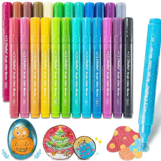 Ohuhu Acrylic Metallic Glitter Markers, 24 Colors - 0.7mm & 3mm Tip Paint Pens | Ohuhu Great Value
