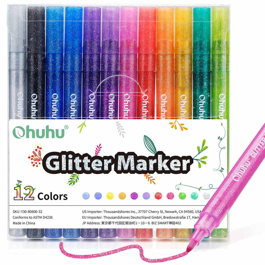 Ohuhu Water-Based Glitter Metallic Marker Pens, 12 Shimmer Colors | Ohuhu Best Seller