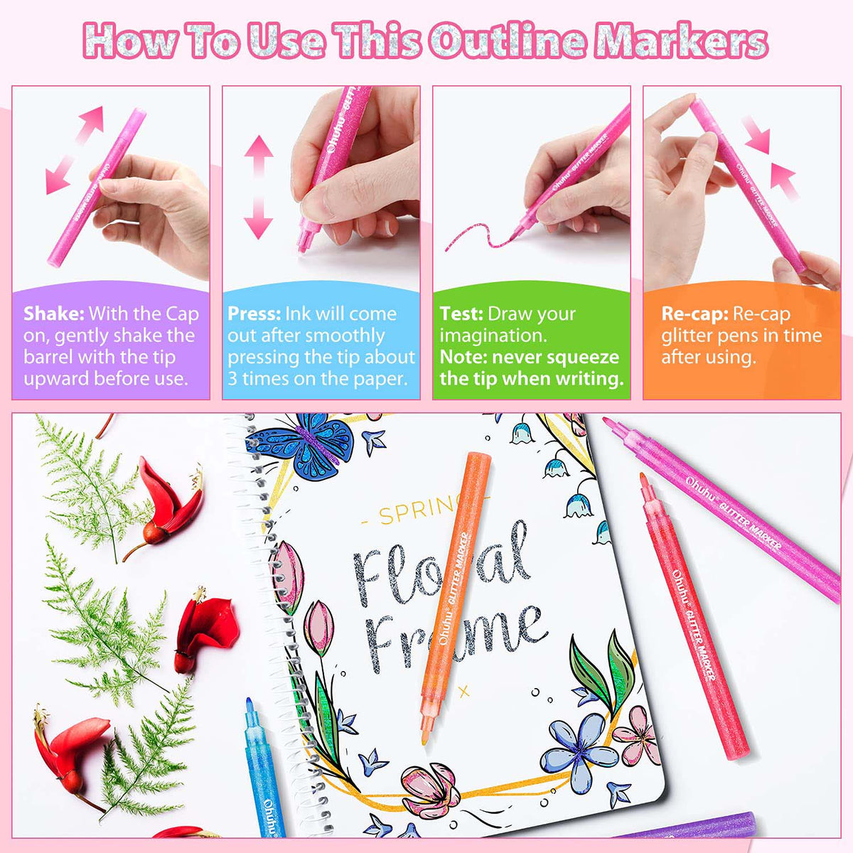 Ohuhu Water-Based Glitter Metallic Marker Pens, 12 Shimmer Colors | Ohuhu Best Seller