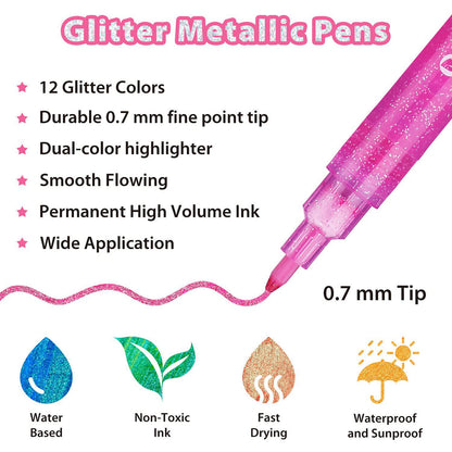 Ohuhu Water-Based Glitter Metallic Marker Pens, 12 Shimmer Colors | Ohuhu Best Seller