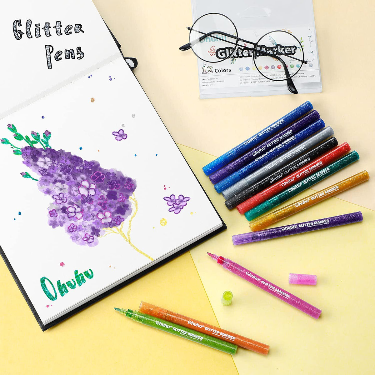 Ohuhu Water-Based Glitter Metallic Marker Pens, 12 Shimmer Colors | Ohuhu Best Seller