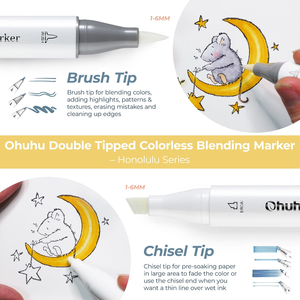 Ohuhu Honolulu Colorless Blender Marker - Pack of 6 | Ohuhu Popular