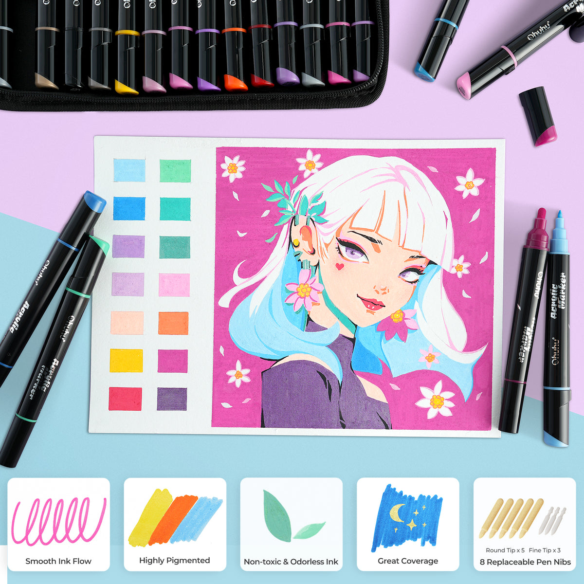 Ohuhu Dual Nib Waterproof Acrylic Pen 30 / 60 / 90 Colors - Kakaako | Ohuhu Quality