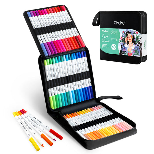 Ohuhu Pupe Paper-friendly (No Peeling) Brush and Fineliner Dual Tips 60 Colors Water-based Coloring Markers | Ohuhu Popular